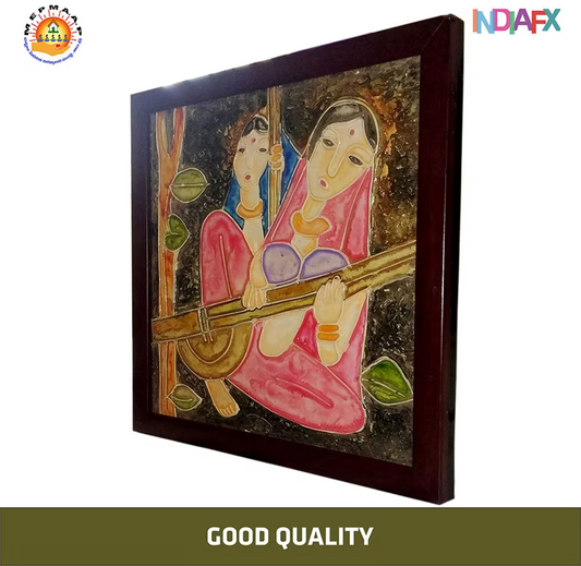 Decorative wall art with a woman playing a stringed instrument, framed by NDAFX.