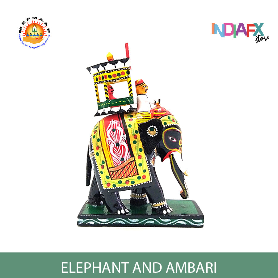 Indiafx Kondapalli Wooden Elephant with Ambari (Multicolour) 9 Inch