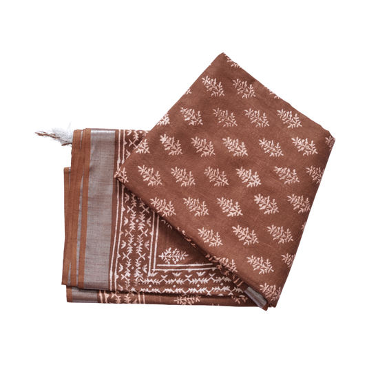 Handprinted Cotton Saree Minimal Floral Design with Rustic Charm