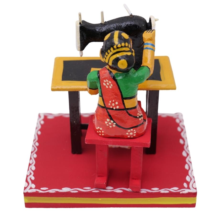 Hand Crafted Handmade beautiful Wooden Kondapalli sewing machine with woman toy