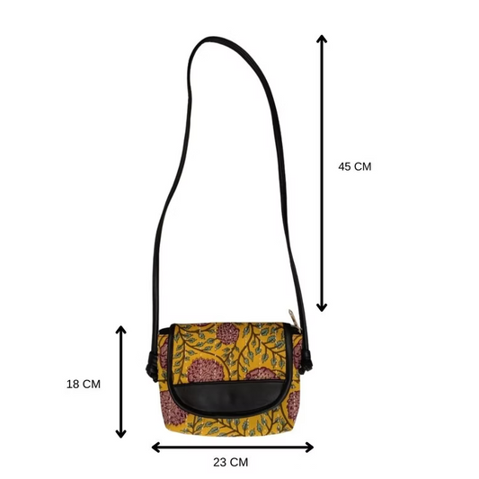 Hand printed cotton fabric sling bag with kantha work and flap | 9 Inches