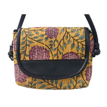 Hand printed cotton fabric sling bag with kantha work and flap | 9 Inches
