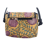 Hand printed cotton fabric sling bag with kantha work and flap | 9 Inches