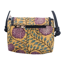 Hand printed cotton fabric sling bag with kantha work and flap | 9 Inches