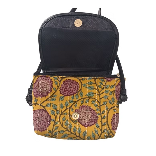 Hand printed cotton fabric sling bag with kantha work and flap | 9 Inches