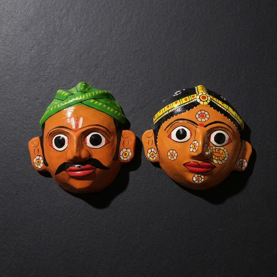 Handpainted Village Couple Masks Cheriyal Folk Decor