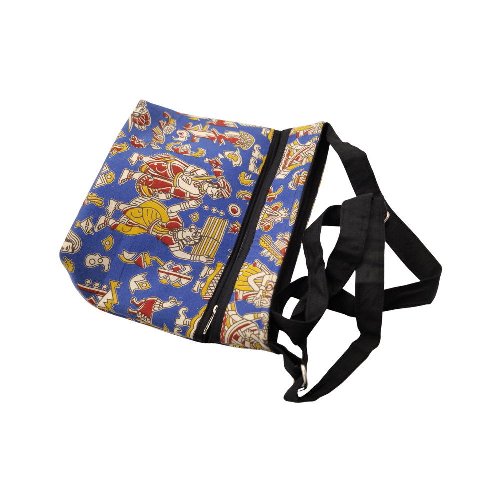 Kalamkari Cotton Sling Bag – Blue Traditional Print Crossbody Bag