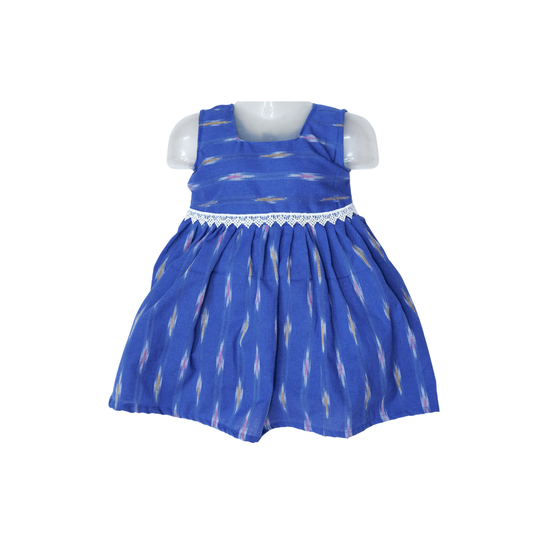 Pochampally Ikat Cotton Kids Frock with Lace Detail – Blue (1–9 Years)