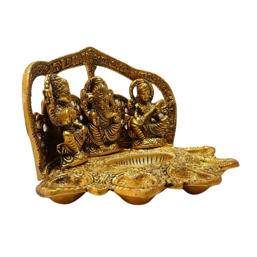 Laxmi Ganesh Saraswati with 5 diyas | 8 Inch