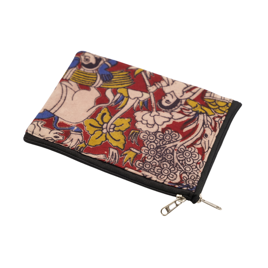 Kalamkari Cotton 2-Zip Wallet – Handmade Dual Pocket Coin & Card Pouch