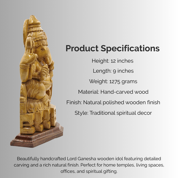 Premium Wooden Lord Ganesha Statue (12”)| Spiritual Decor & Auspicious Gift