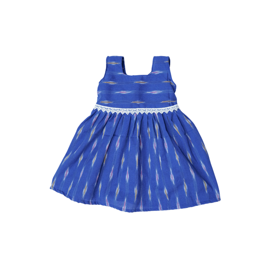 Pochampally Ikat Cotton Kids Frock with Lace Detail – Blue (1–9 Years)