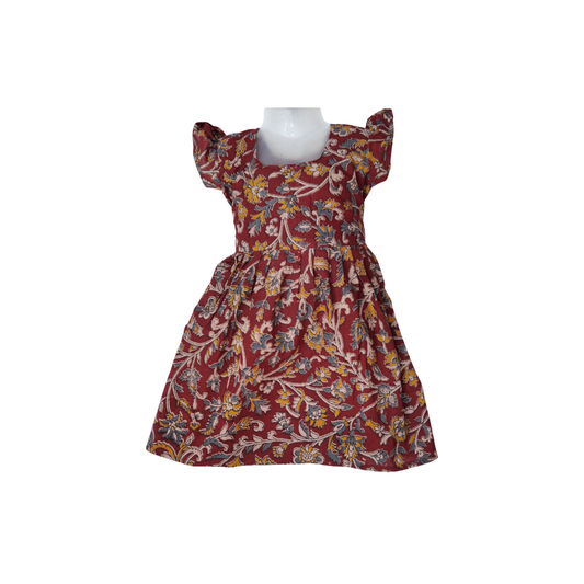 Kalamkari Khadi Cotton Kids Frock – Floral Print (1-9 Years)