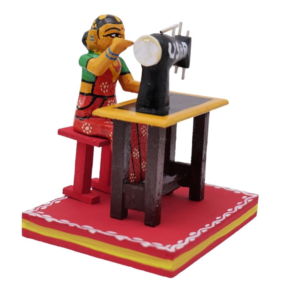 Hand Crafted Handmade beautiful Wooden Kondapalli sewing machine with woman toy