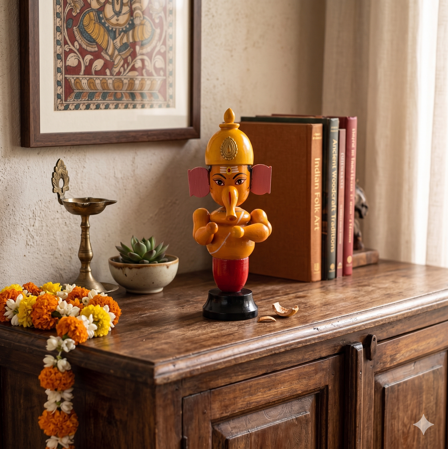 Etikoppaka wooden shiny yellow coloured Ganesh showpiece Handmade Decorative