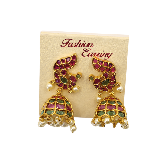 Multicolor Jhumka Earrings | Ruby & Green Pearl Drops